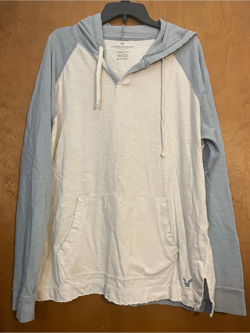 American Eagle Outfitters Distressed Two-Tone White and Light Blue Hoodie